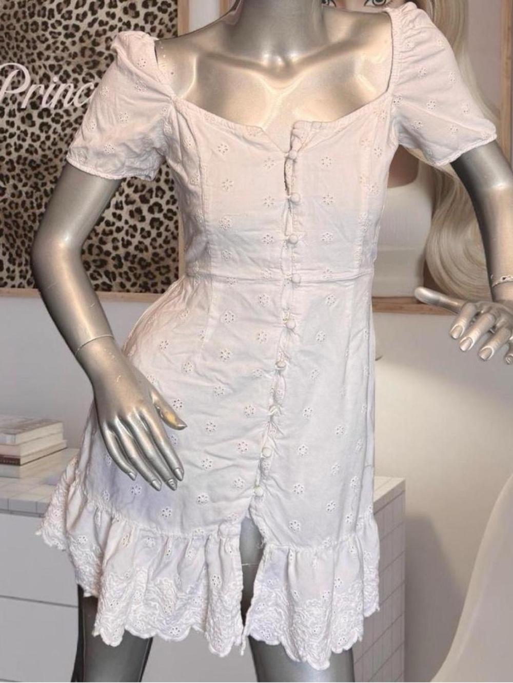 Vintage Y2K White eyelet mini dress with ruffle hem and button-up front